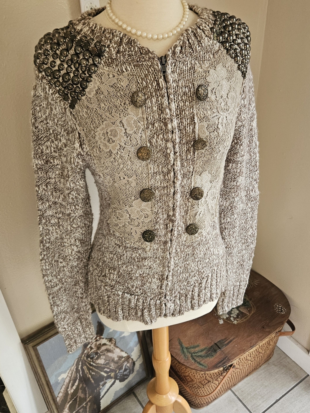 BKE Taupe Marled Lace & Studded Knit Cardigan Sweater